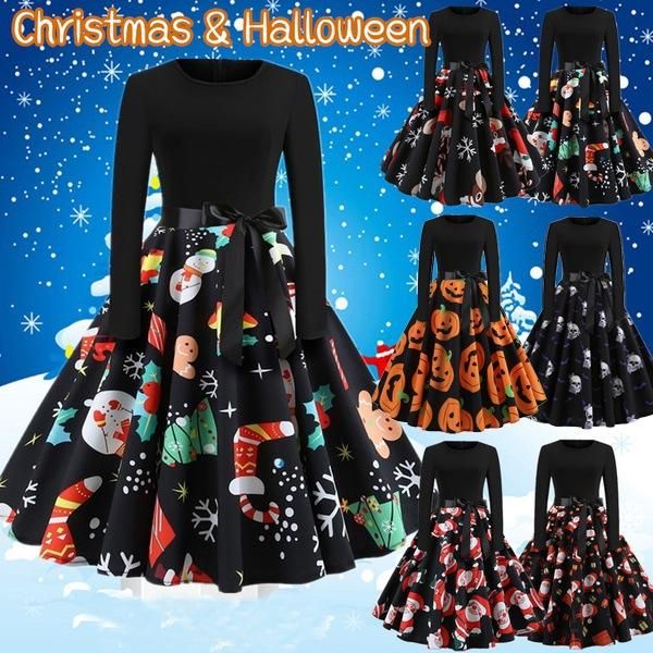 casual dresses fancy pumpkin halloween womens dress long sleeve mid length princess ladies costume festival party plus size clothing, Black;gray